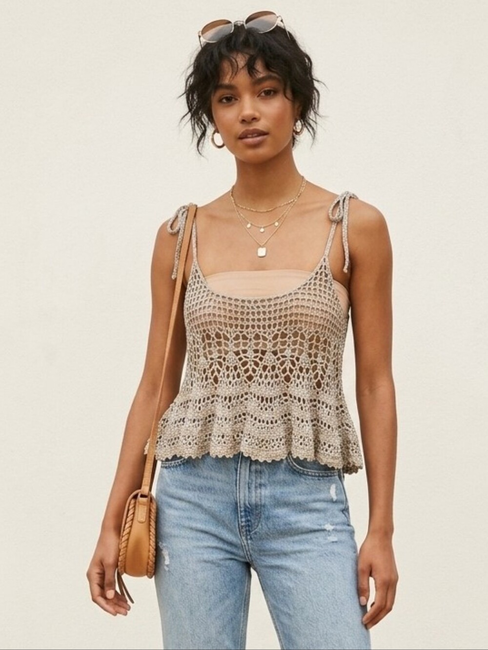TOPSHOP Cammi Crochet Tie Strap Peplum Top Beige Mettalic Open Knit Cami SZ Sm